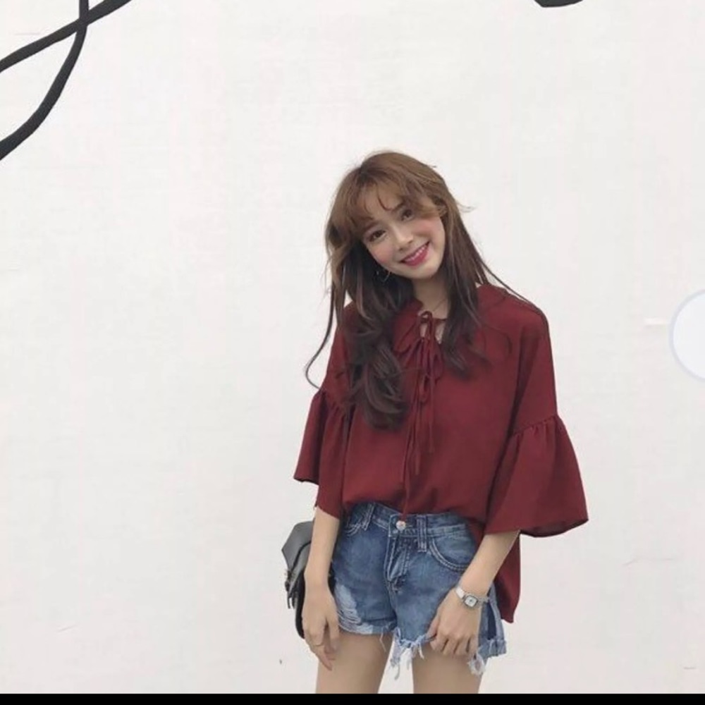Burgundy Ties Bell Sleeve Blouse Yesstyle